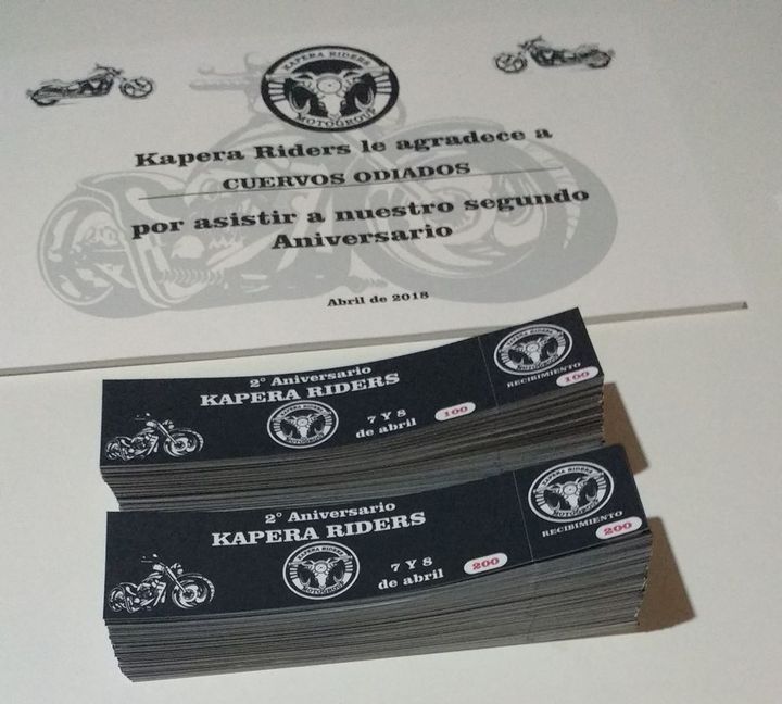 Diploma y dos talonarios de entradas numeradas del 2.º aniversario de Kapera Riders